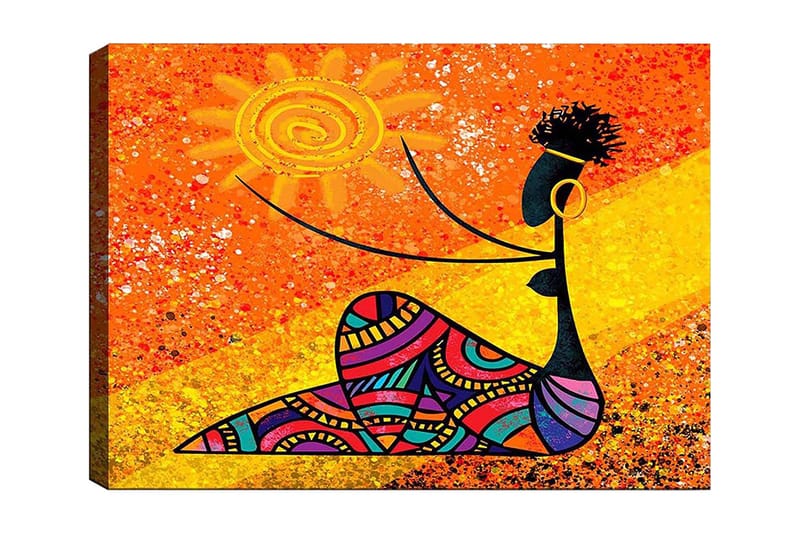 Lerretsbilde 70x100 cm - Stilisert kvinne som holder en sol i hånden, omgitt av fargerike mønstre, Oransje / Svart / Lilla