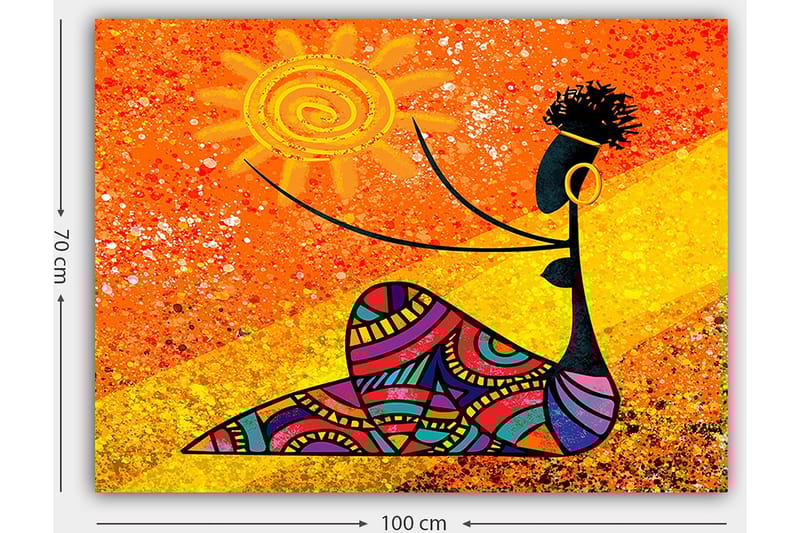Lerretsbilde 70x100 cm - Stilisert kvinne som holder en sol i hånden, omgitt av fargerike mønstre - Oransje / Svart / Lilla - Innredning - Bilder & kunst - Lerretsbilder