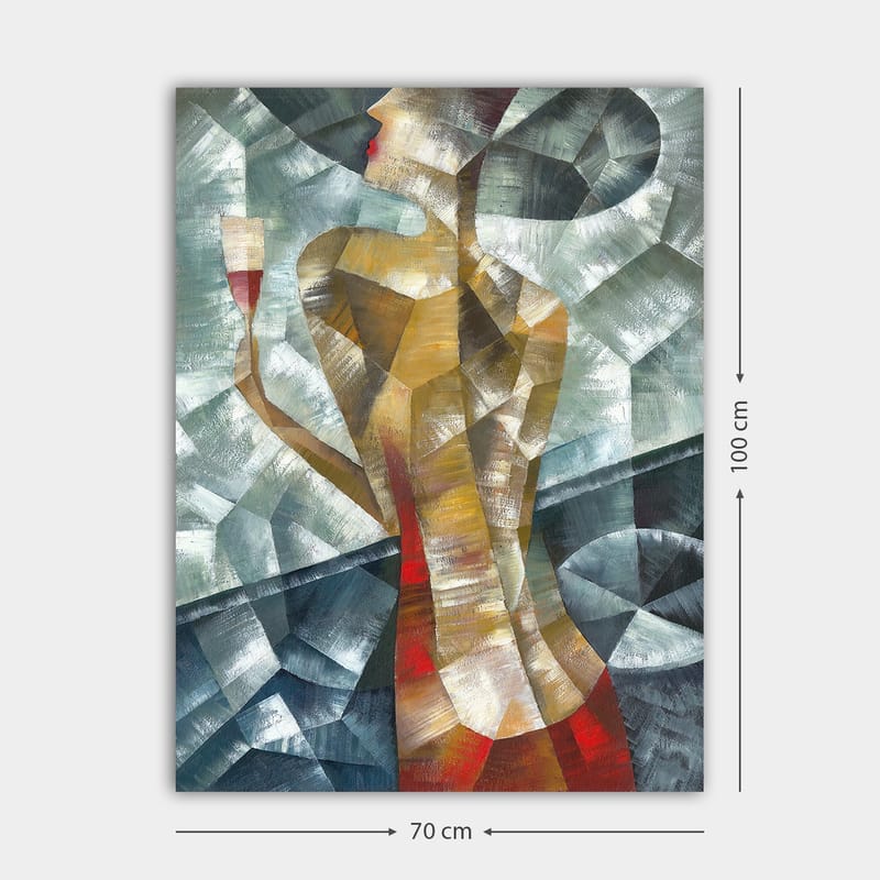 Lerretsbilde 70x100 cm - Stilisert kvinne som holder et glass, omgitt av geometriske former og farger - Rød / Beige / Grå - Innredning - Bilder & kunst - Lerretsbilder