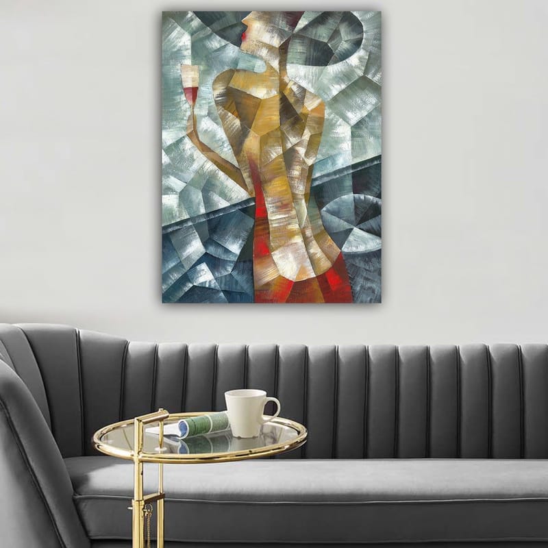 Lerretsbilde 70x100 cm - Stilisert kvinne som holder et glass, omgitt av geometriske former og farger - Rød / Beige / Grå - Innredning - Bilder & kunst - Lerretsbilder