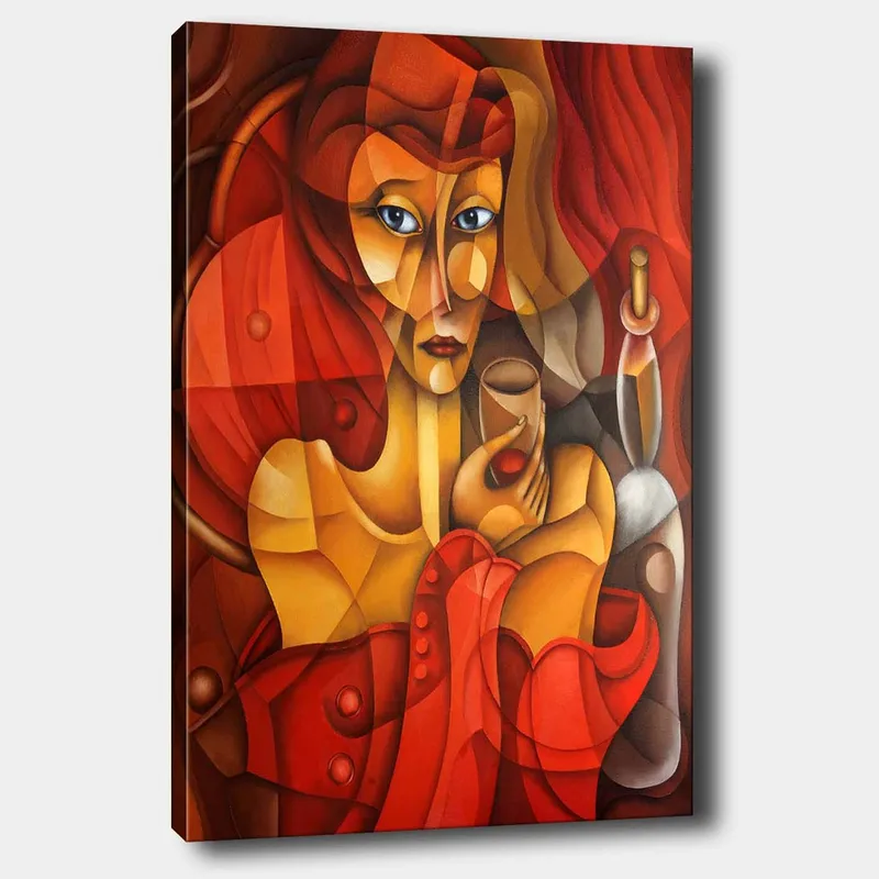 Lerretsbilde 70x100 cm - Stilisert kvinne som holder et glass, omgitt av varme røde og oransje toner, Rød / Oransje / Beige