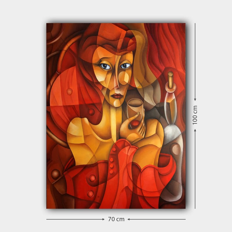 Lerretsbilde 70x100 cm - Stilisert kvinne som holder et glass, omgitt av varme røde og oransje toner - Rød / Oransje / Beige - Innredning - Bilder & kunst - Lerretsbilder