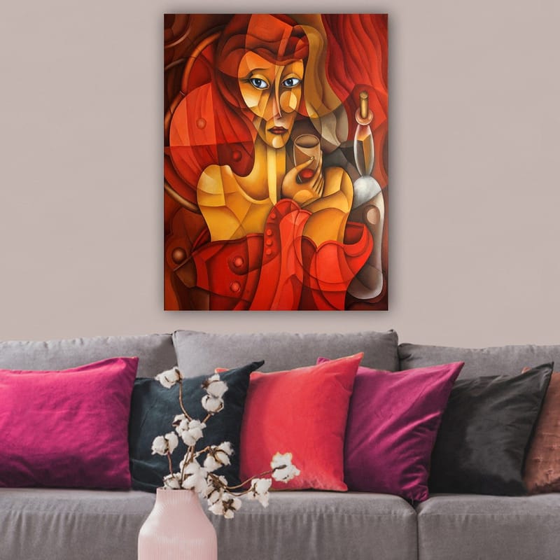 Lerretsbilde 70x100 cm - Stilisert kvinne som holder et glass, omgitt av varme røde og oransje toner - Rød / Oransje / Beige - Innredning - Bilder & kunst - Lerretsbilder