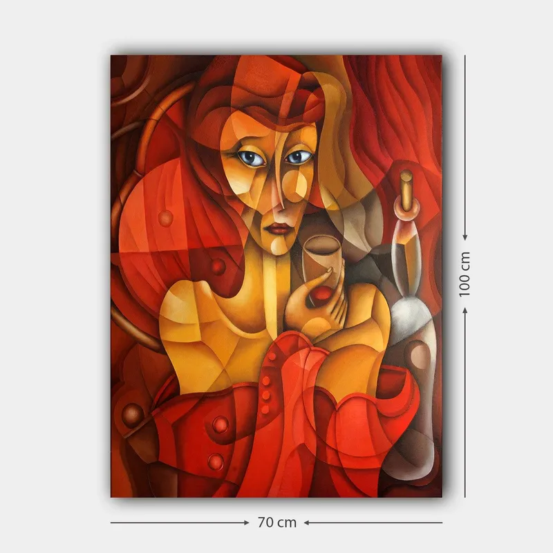 Lerretsbilde 70x100 cm - Stilisert kvinne som holder et glass, omgitt av varme røde og oransje toner - Rød / Oransje / Beige - Innredning - Bilder & kunst - Lerretsbilder