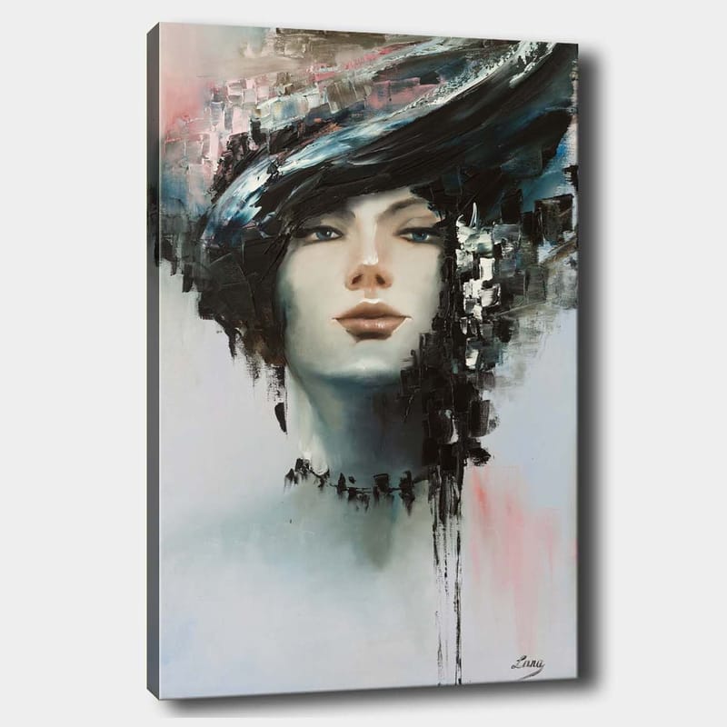 Lerretsbilde 70x100 cm - Stilisert kvinneansikt med dramatisk frisyre i svart og grått - Svart / Grå / Beige - Innredning - Bilder & kunst - Lerretsbilder