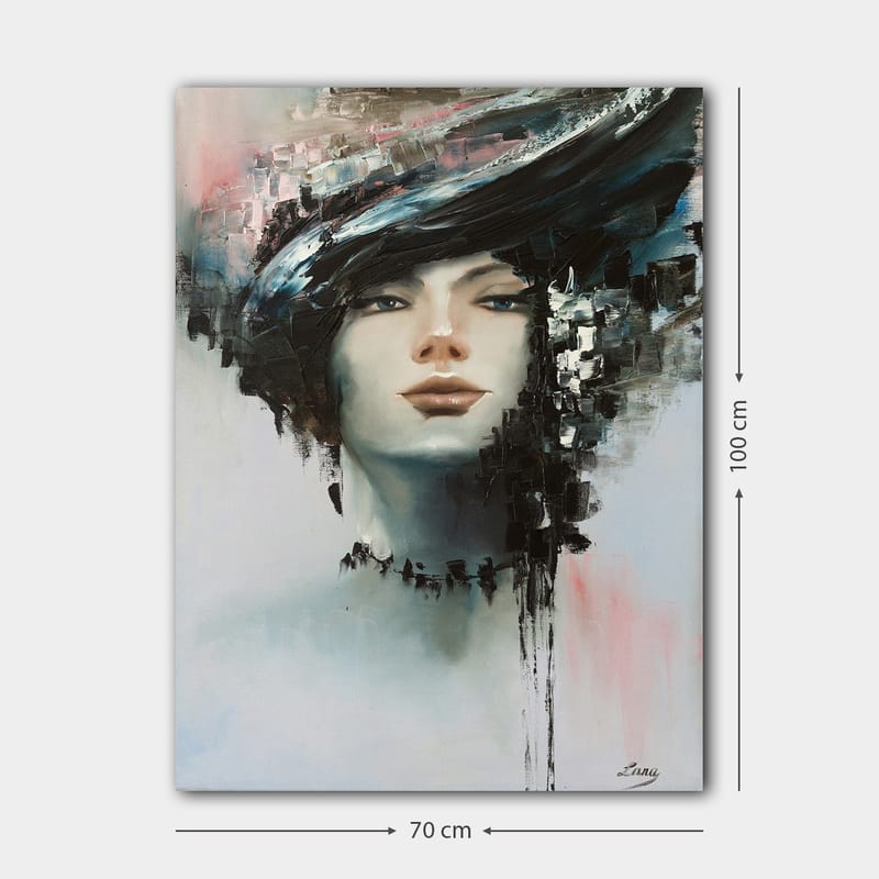 Lerretsbilde 70x100 cm - Stilisert kvinneansikt med dramatisk frisyre i svart og grått - Svart / Grå / Beige - Innredning - Bilder & kunst - Lerretsbilder