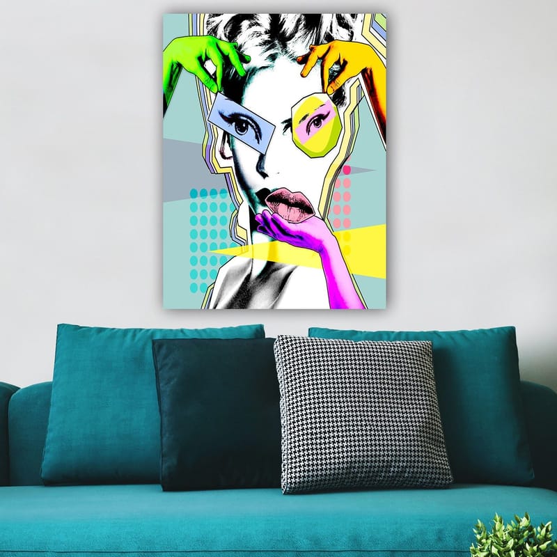 Lerretsbilde 70x100 cm - Stilisert kvinneansikt med fargerike hender som samhandler med ansiktet - Grønn / Rosa / Gul - Innredning - Bilder & kunst - Lerretsbilder