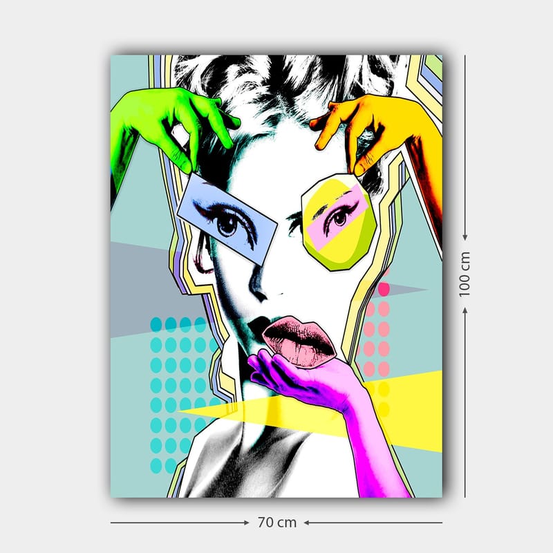 Lerretsbilde 70x100 cm - Stilisert kvinneansikt med fargerike hender som samhandler med ansiktet - Grønn / Rosa / Gul - Innredning - Bilder & kunst - Lerretsbilder