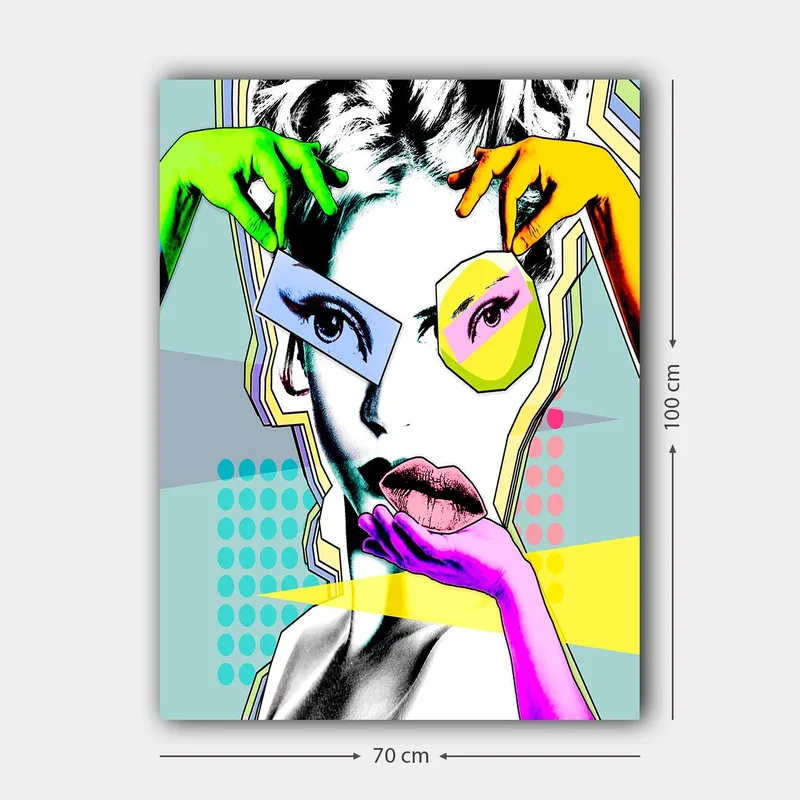 Lerretsbilde 70x100 cm - Stilisert kvinneansikt med fargerike hender som samhandler med ansiktet - Grønn / Rosa / Gul - Innredning - Bilder & kunst - Lerretsbilder