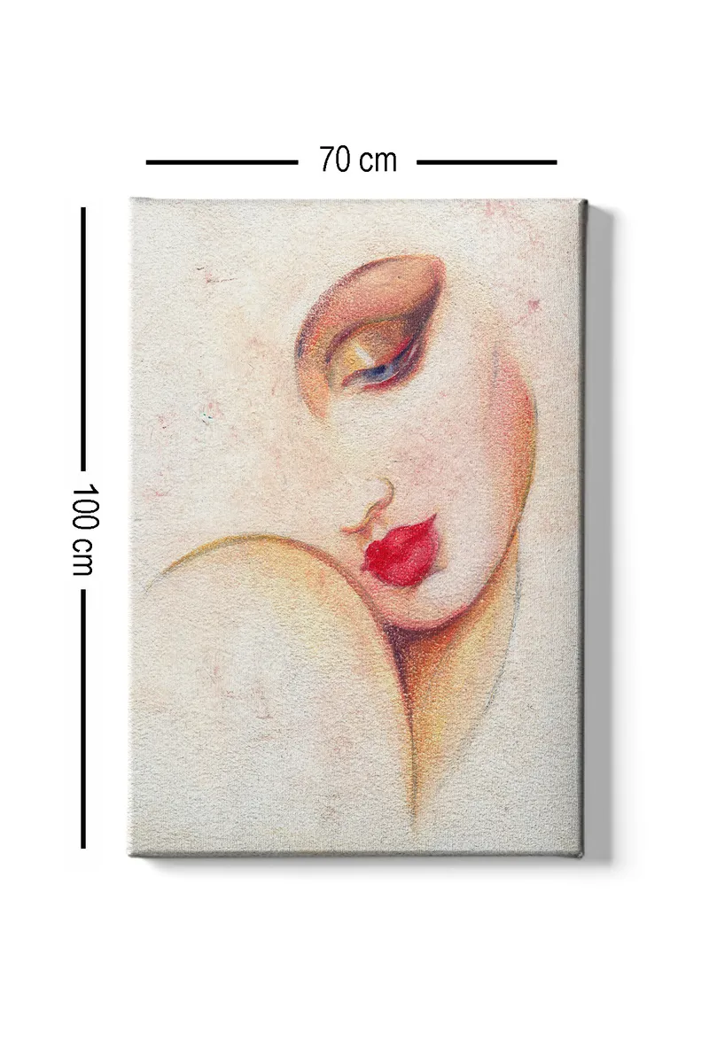 Lerretsbilde 70x100 cm - Stilisert kvinneansikt med fremtredende lepper og øyne - Rød / Beige / Brun - Innredning - Bilder & kunst - Lerretsbilder