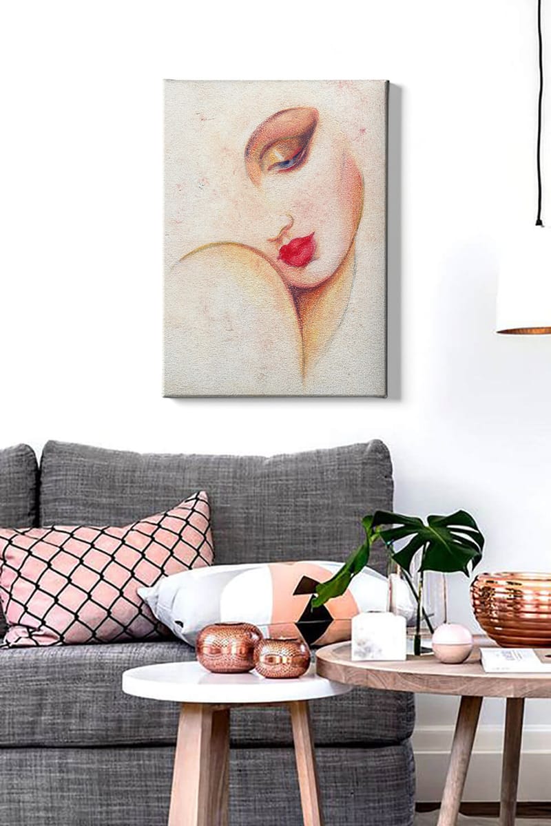 Lerretsbilde 70x100 cm - Stilisert kvinneansikt med fremtredende lepper og øyne - Rød / Beige / Brun - Innredning - Bilder & kunst - Lerretsbilder
