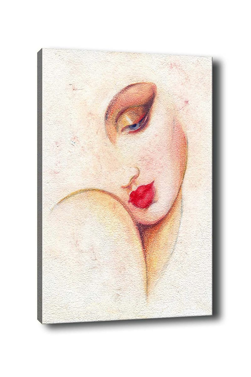 Lerretsbilde 70x100 cm - Stilisert kvinneansikt med fremtredende lepper og øyne, Rød / Beige / Brun