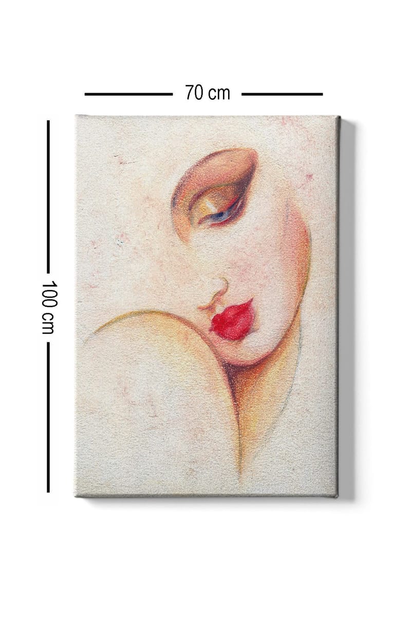 Lerretsbilde 70x100 cm - Stilisert kvinneansikt med fremtredende lepper og øyne - Rød / Beige / Brun - Innredning - Bilder & kunst - Lerretsbilder