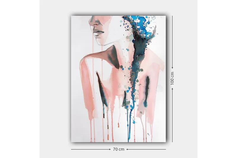 Lerretsbilde 70x100 cm - Stilisert kvinnesilhuett med fargede dråper som strømmer nedover - Rosa / Blå / Svart - Innredning - Bilder & kunst - Lerretsbilder