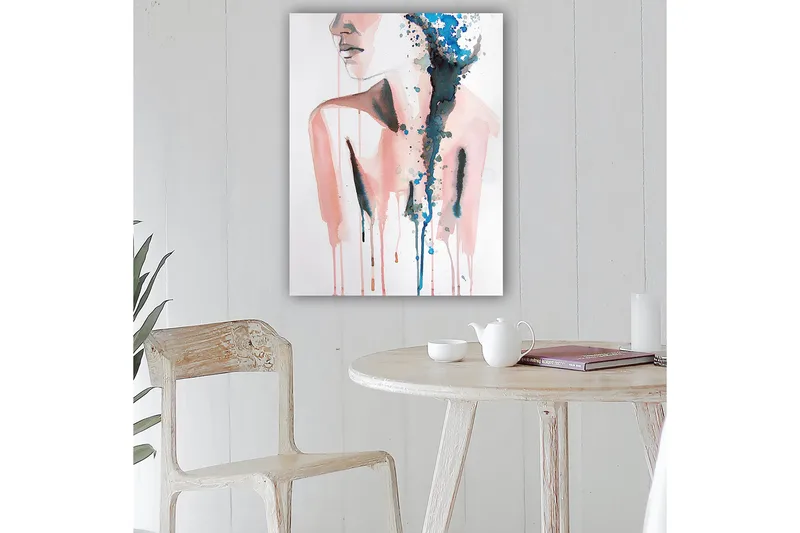 Lerretsbilde 70x100 cm - Stilisert kvinnesilhuett med fargede dråper som strømmer nedover - Rosa / Blå / Svart - Innredning - Bilder & kunst - Lerretsbilder