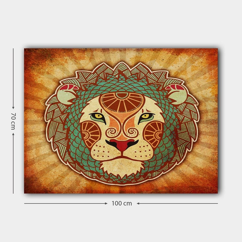 Lerretsbilde 70x100 cm - Stilisert løvehode med ornamentale detaljer - Oransje / Grønn / Beige - Innredning - Bilder & kunst - Lerretsbilder
