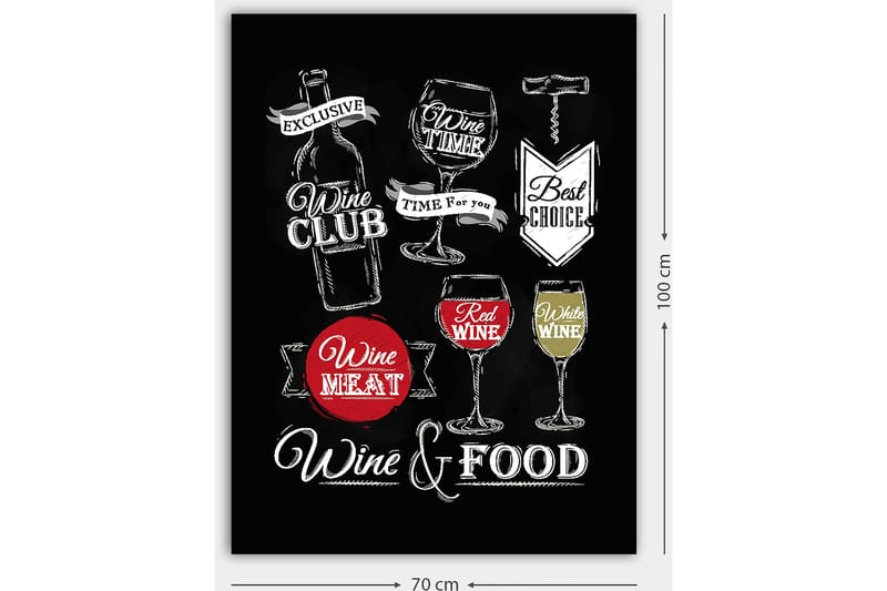 Lerretsbilde 70x100 cm - Stilisert maleri med motiver av vin, glass og matrelaterte tekster - Rød / Hvit / Svart - Innredning - Bilder & kunst - Lerretsbilder