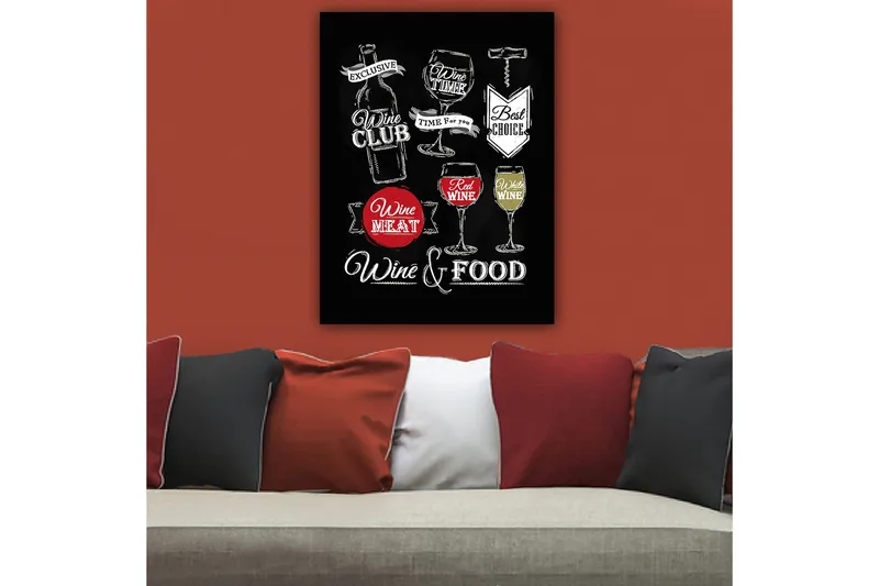 Lerretsbilde 70x100 cm - Stilisert maleri med motiver av vin, glass og matrelaterte tekster - Rød / Hvit / Svart - Innredning - Bilder & kunst - Lerretsbilder
