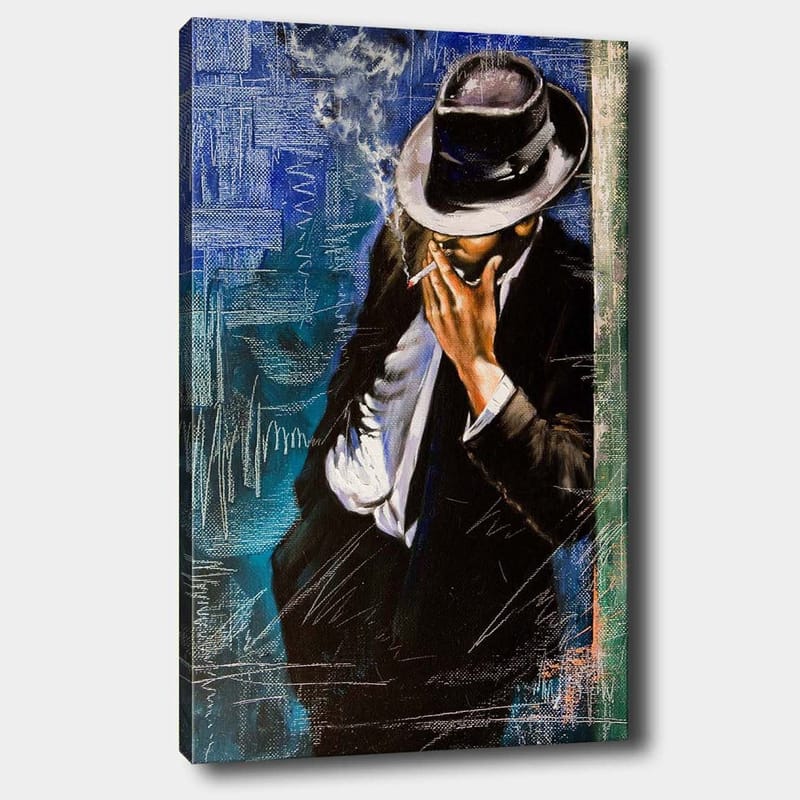 Lerretsbilde 70x100 cm - Stilisert mann i dress som røyker en sigarett, med en følelse av mystikk og eleganse, Mørk blå / Svart / Hvit