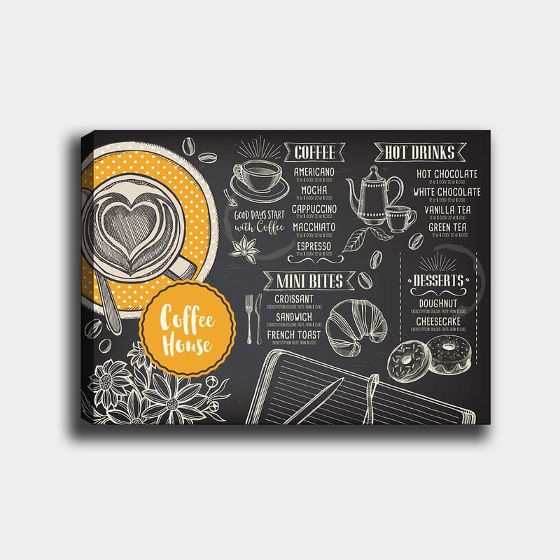 Lerretsbilde 70x100 cm - Stilisert meny for en kafé med en kopp kaffe og bakverk, Svart / Oransje / Hvit