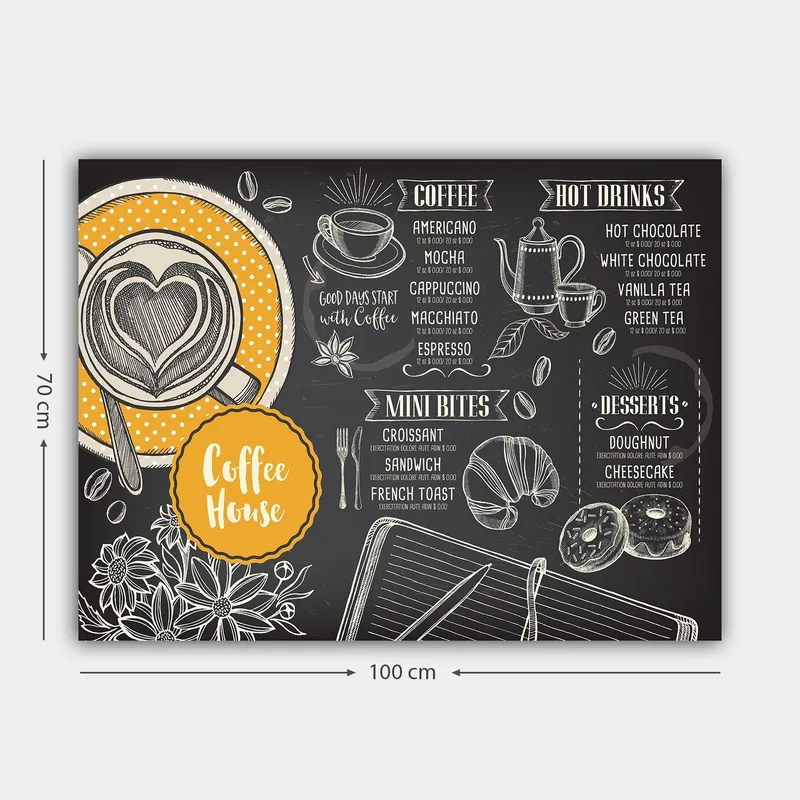 Lerretsbilde 70x100 cm - Stilisert meny for en kafé med en kopp kaffe og bakverk - Svart / Oransje / Hvit - Innredning - Bilder & kunst - Lerretsbilder