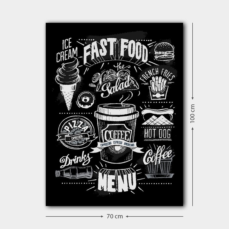 Lerretsbilde 70x100 cm - Stilisert meny med diverse hurtigmatretter og drikkevarer i svart-hvitt - Svart / Hvit / Grå - Innredning - Bilder & kunst - Lerretsbilder