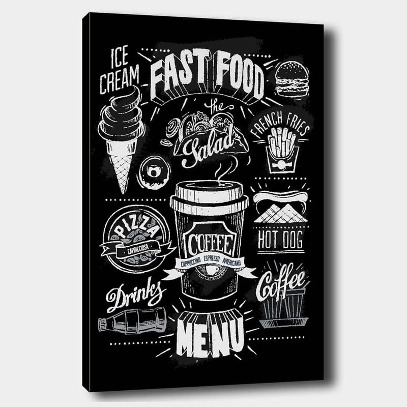 Lerretsbilde 70x100 cm - Stilisert meny med diverse hurtigmatretter og drikkevarer i svart-hvitt, Svart / Hvit / Grå