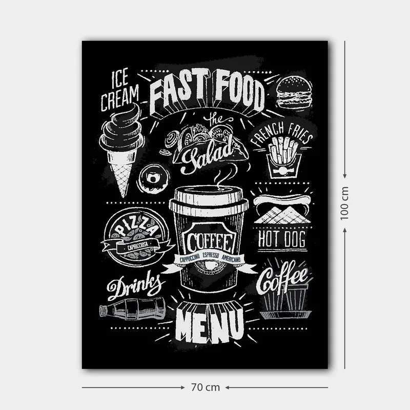 Lerretsbilde 70x100 cm - Stilisert meny med diverse hurtigmatretter og drikkevarer i svart-hvitt - Svart / Hvit / Grå - Innredning - Bilder & kunst - Lerretsbilder