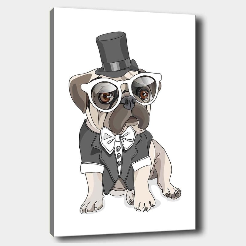 Lerretsbilde 70x100 cm - Stilisert mops kledd i frakk og hatt med store briller, Beige / Svart / Hvit