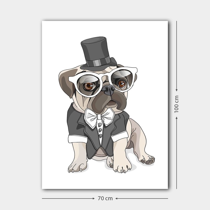 Lerretsbilde 70x100 cm - Stilisert mops kledd i frakk og hatt med store briller - Beige / Svart / Hvit - Innredning - Bilder & kunst - Lerretsbilder