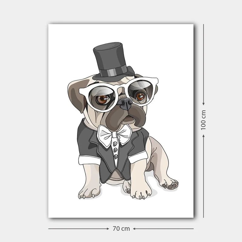Lerretsbilde 70x100 cm - Stilisert mops kledd i frakk og hatt med store briller - Beige / Svart / Hvit - Innredning - Bilder & kunst - Lerretsbilder