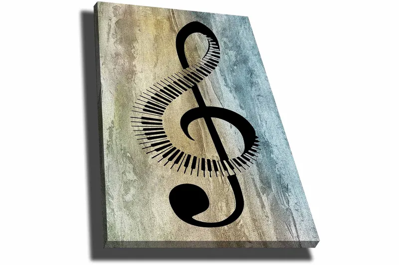 Lerretsbilde 70x100 cm - Stilisert musikalsk notesymbol med klaviaturdetaljer på en abstrakt bakgrunn - Svart / Grå / Beige - Innredning - Bilder & kunst - Lerretsbilder