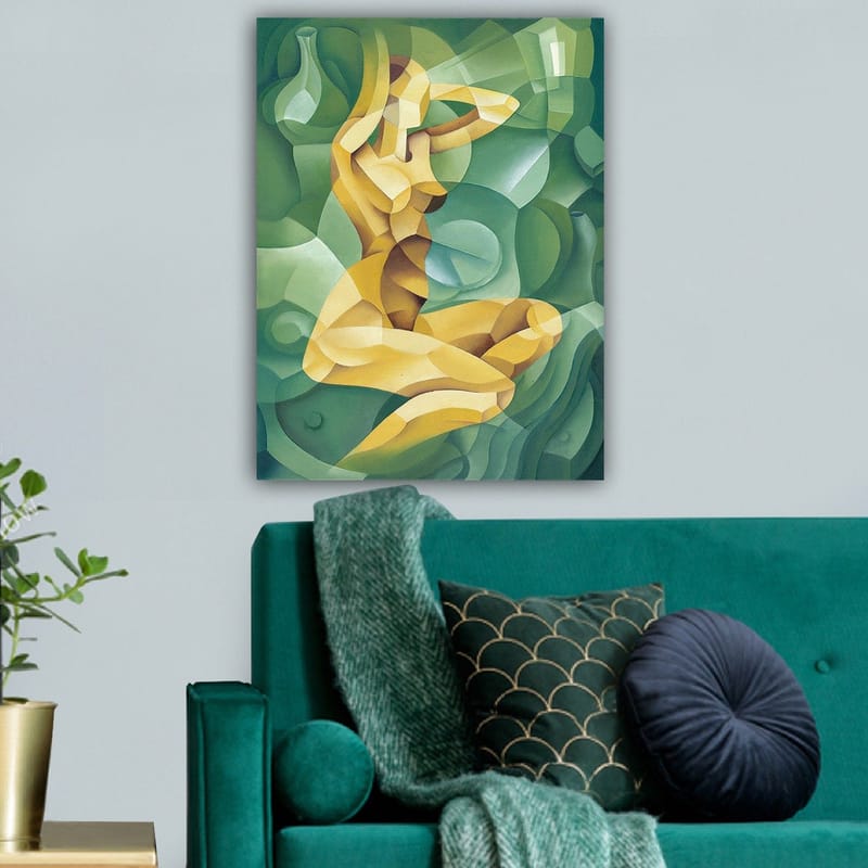 Lerretsbilde 70x100 cm - Stilisert nakenfigur sittende med én hånd bak hodet, omgitt av organiske former - Gul / Grønn - Innredning - Bilder & kunst - Lerretsbilder