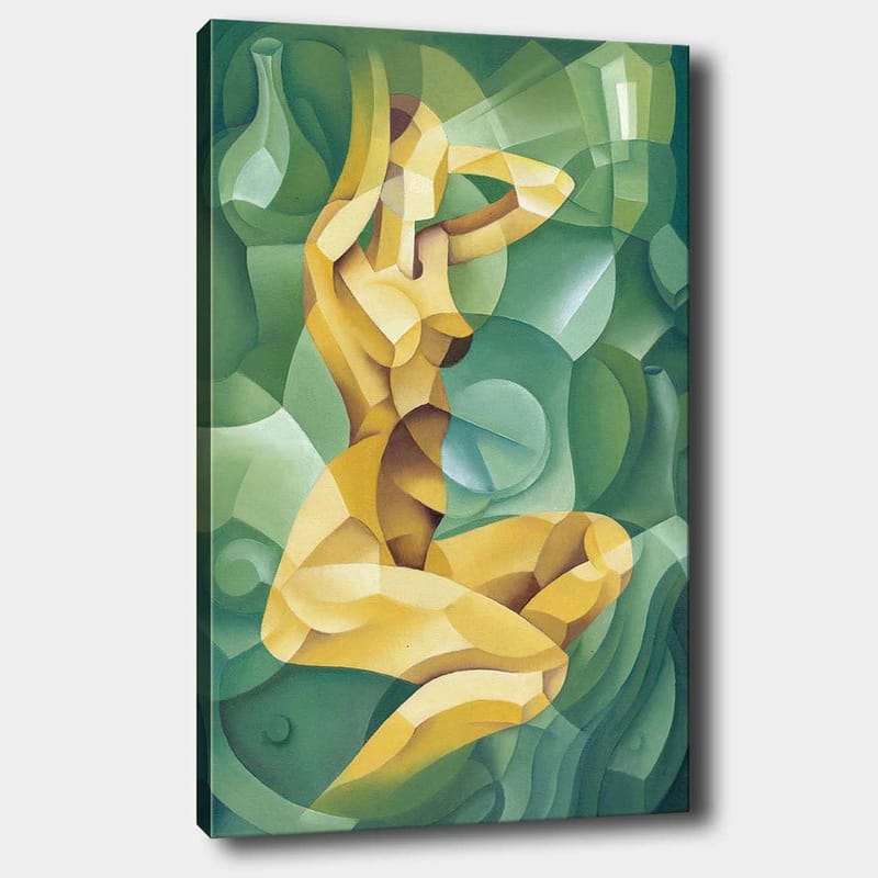 Lerretsbilde 70x100 cm - Stilisert nakenfigur sittende med én hånd bak hodet, omgitt av organiske former - Gul / Grønn - Innredning - Bilder & kunst - Lerretsbilder
