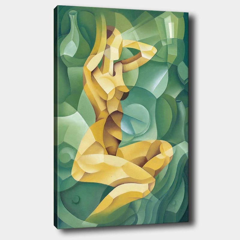 Lerretsbilde 70x100 cm - Stilisert nakenfigur sittende med én hånd bak hodet, omgitt av organiske former - Gul / Grønn - Innredning - Bilder & kunst - Lerretsbilder