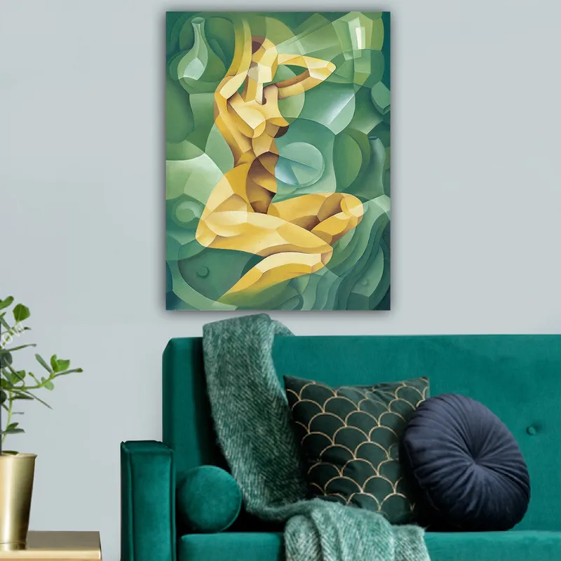 Lerretsbilde 70x100 cm - Stilisert nakenfigur sittende med én hånd bak hodet, omgitt av organiske former - Gul / Grønn - Innredning - Bilder & kunst - Lerretsbilder
