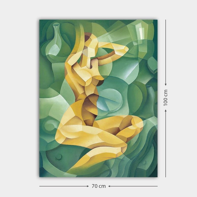 Lerretsbilde 70x100 cm - Stilisert nakenfigur sittende med én hånd bak hodet, omgitt av organiske former - Gul / Grønn - Innredning - Bilder & kunst - Lerretsbilder