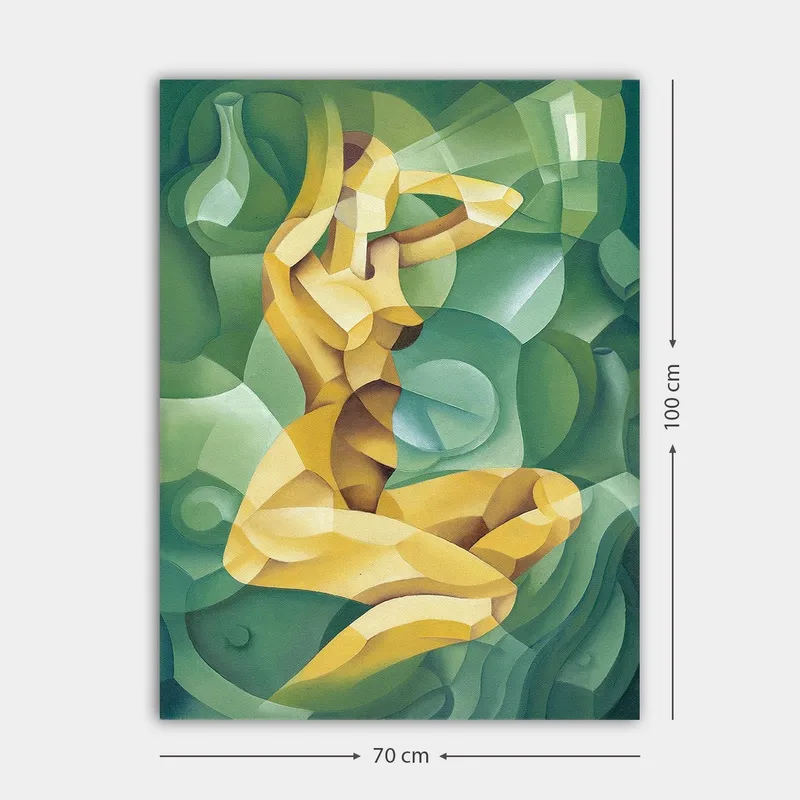 Lerretsbilde 70x100 cm - Stilisert nakenfigur sittende med én hånd bak hodet, omgitt av organiske former - Gul / Grønn - Innredning - Bilder & kunst - Lerretsbilder
