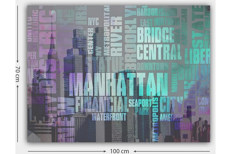 Lerretsbilde 70x100 cm - Stilisert representasjon av Manhattan med fokus på byens navn og ikoniske bygninger - Lilla / Turkis / Grå - Innredning - Bilder & kunst - Lerretsbilder
