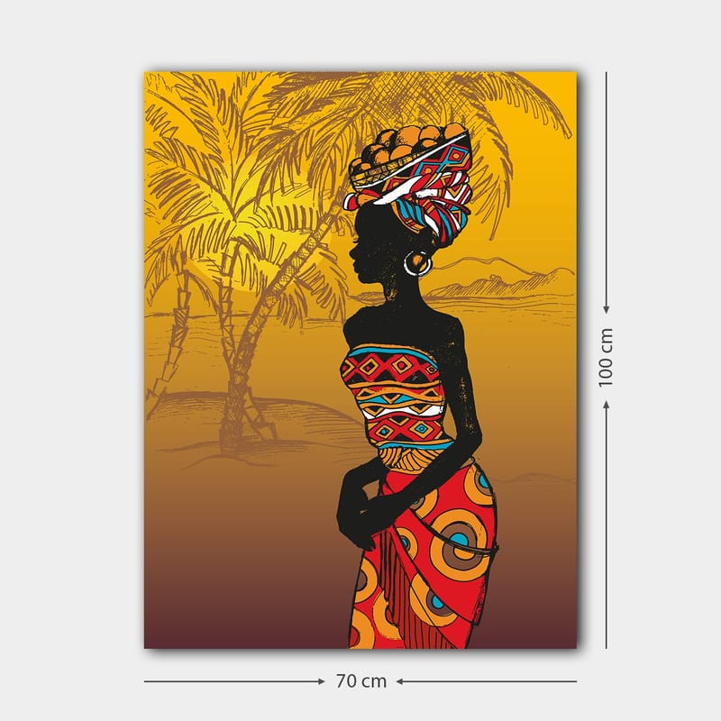 Lerretsbilde 70x100 cm - Stilisert silhuett av en kvinne med tradisjonelle klær og frukt på hodet, omgitt av palmer i solrike omgivelser - Svart / Rød / Oransje - Innredning - Bilder & kunst - Lerretsbilder
