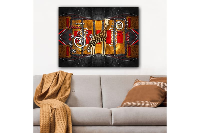 Lerretsbilde 70x100 cm - Stilisert sjiraff i en fargerik abstrakt komposisjon - Brun / Rød / Gull - Innredning - Bilder & kunst - Lerretsbilder