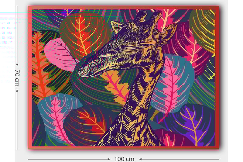 Lerretsbilde 70x100 cm - Stilisert sjiraff omgitt av fargerikt løvverk - Lilla / Grønn / Oransje - Innredning - Bilder & kunst - Lerretsbilder