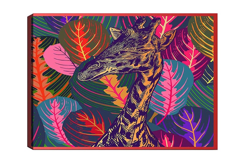 Lerretsbilde 70x100 cm - Stilisert sjiraff omgitt av fargerikt løvverk, Lilla / Grønn / Oransje