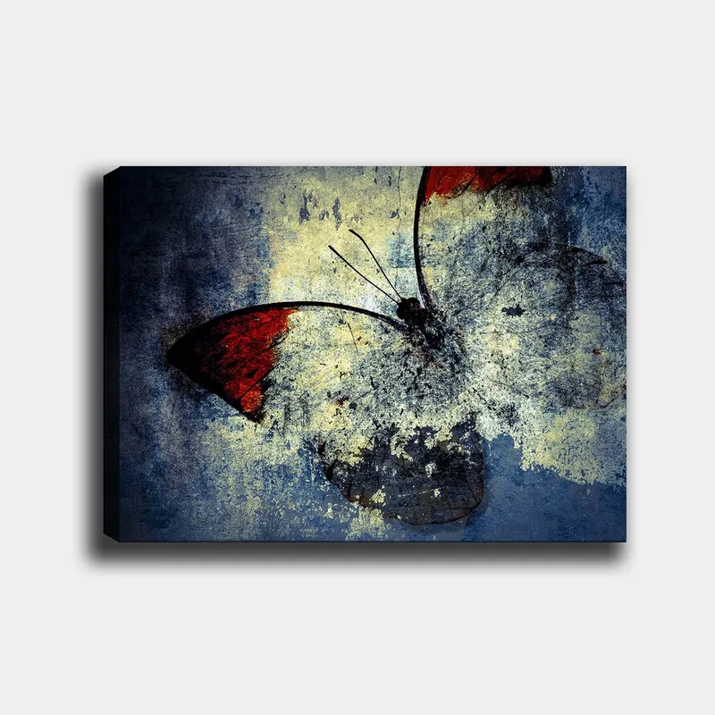 Lerretsbilde 70x100 cm - Stilisert sommerfugl med røde vinger mot en grå og blå bakgrunn - Rød / Grå / Blå - Innredning - Bilder & kunst - Lerretsbilder
