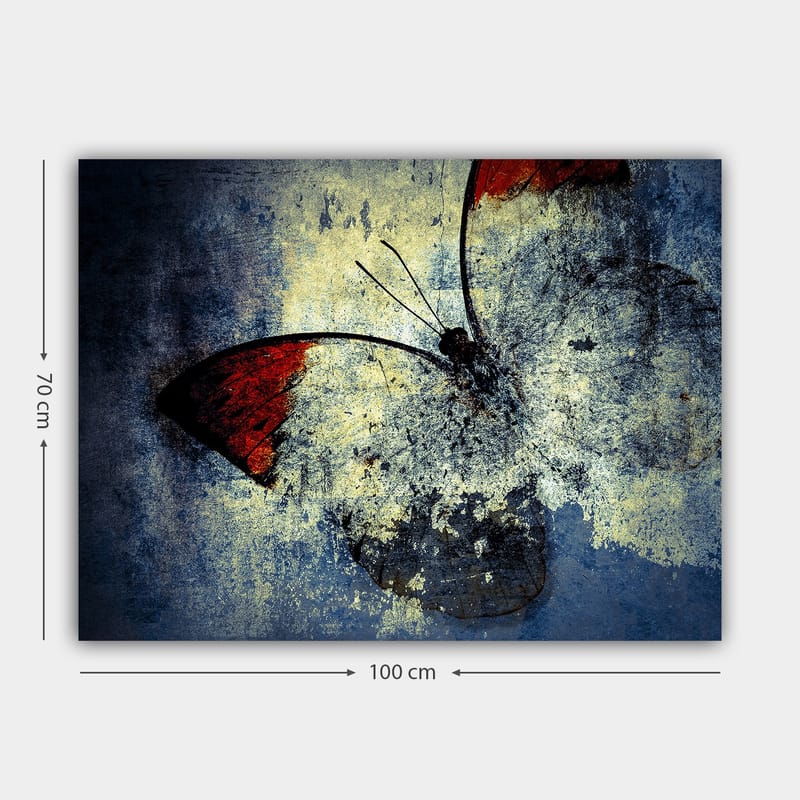 Lerretsbilde 70x100 cm - Stilisert sommerfugl med røde vinger mot en grå og blå bakgrunn - Rød / Grå / Blå - Innredning - Bilder & kunst - Lerretsbilder