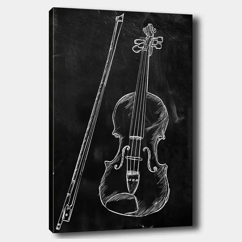 Lerretsbilde 70x100 cm - Stilisert tegning av en fiolin og en fiolinstokk på svart bakgrunn, Hvit / Svart