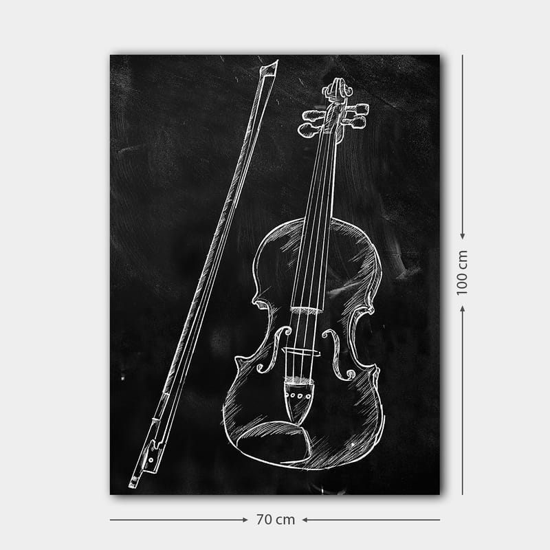 Lerretsbilde 70x100 cm - Stilisert tegning av en fiolin og en fiolinstokk på svart bakgrunn - Hvit / Svart - Innredning - Bilder & kunst - Lerretsbilder