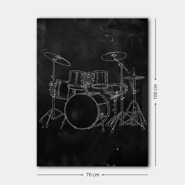 Lerretsbilde 70x100 cm - Stilisert tegning av et trommesett på svart bakgrunn - Svart / Hvit - Innredning - Bilder & kunst - Lerretsbilder
