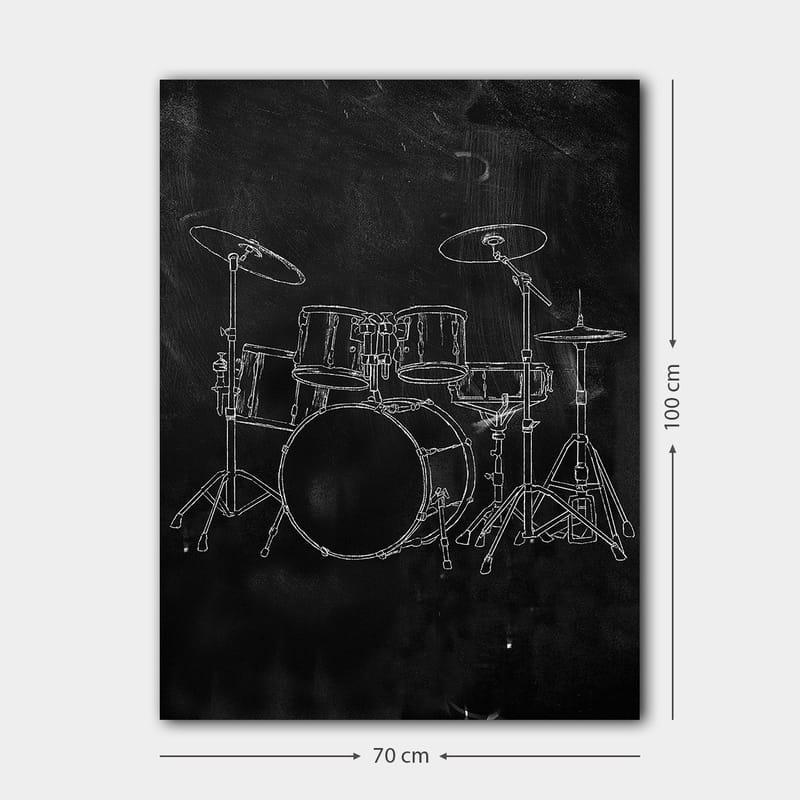 Lerretsbilde 70x100 cm - Stilisert tegning av et trommesett på svart bakgrunn - Svart / Hvit - Innredning - Bilder & kunst - Lerretsbilder