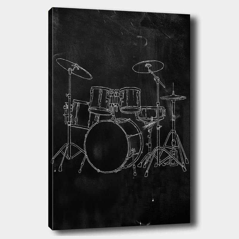 Lerretsbilde 70x100 cm - Stilisert tegning av et trommesett på svart bakgrunn, Svart / Hvit